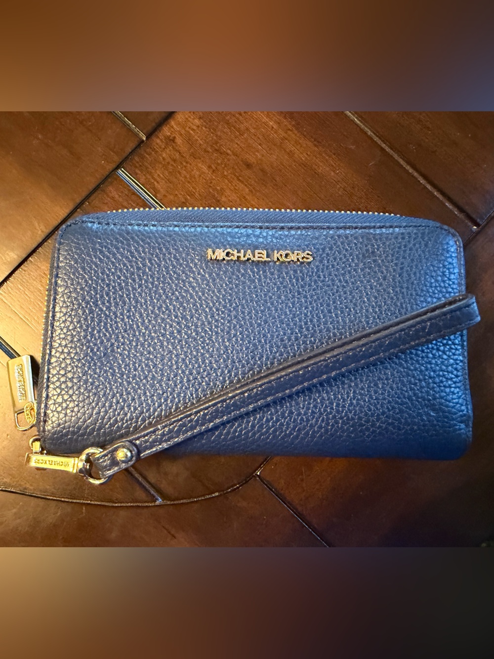 Michael Kors Blue Pebbled Leather Wristlet with Gold Hardware